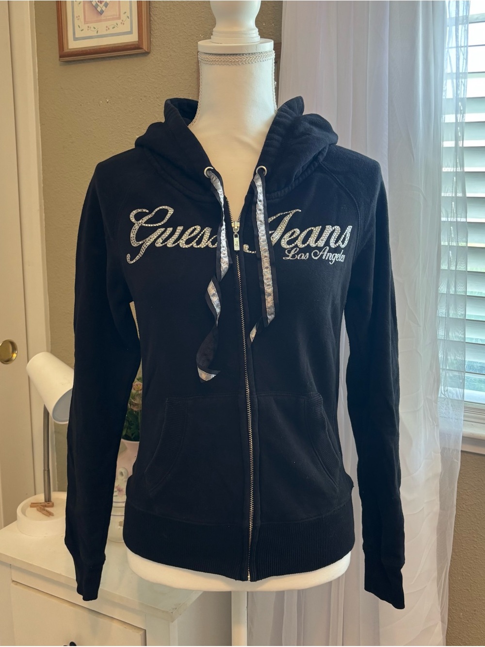 Guess Black Zip-Up Hoodie with Sparkle Logo